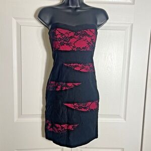 Vintage Body Central Dress Junior M Black Red Lace Overlay Y2K Bodycon Strapless